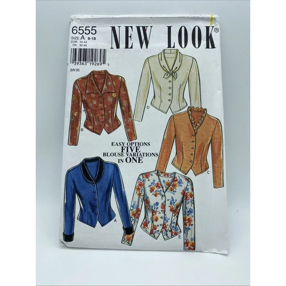 New Look 5 Blouse 8-18 Variations in One Sewing Pattern #6555 Uncut Factory Fold